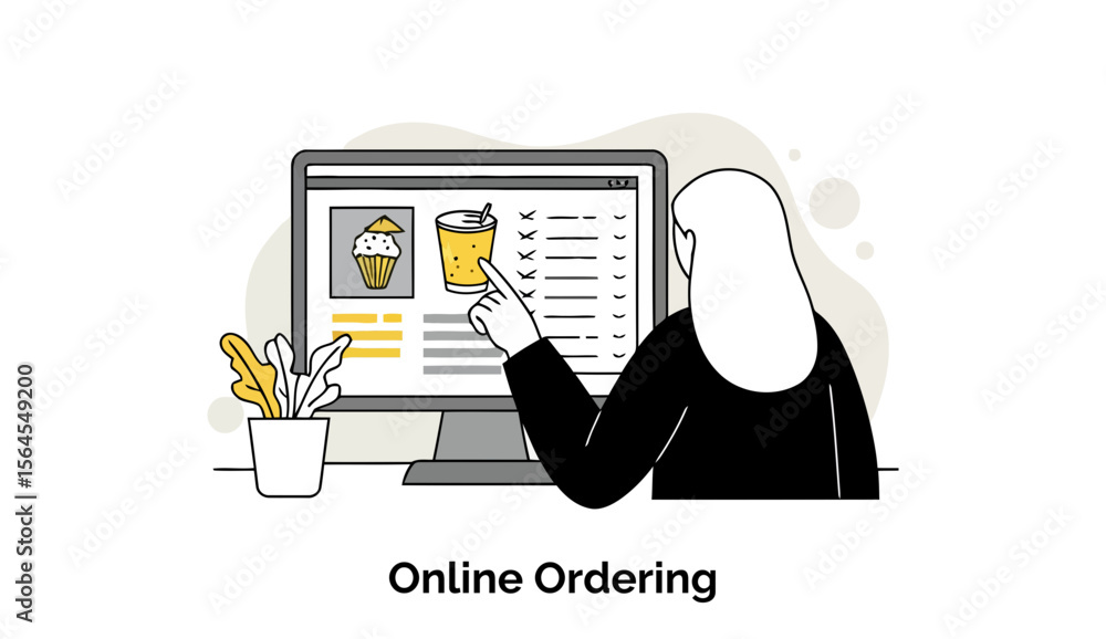 Poster Female customer selecting food items from an online menu displayed on a computer monitor. Viewing food and beverage choices for online ordering at a cafe.