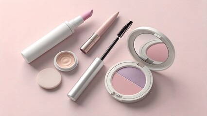 Modern pastel makeup set with lipstick, mascara and blush on pink background