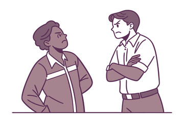 Two people with angry expressions facing each other one with arms crossed and the other with hands on hips suggesting a disagreement or conflict