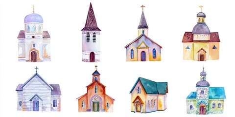 Obraz premium Collection of watercolor churches with cross symbols. Religious building set for Christian faith, holiday, and celebration design.