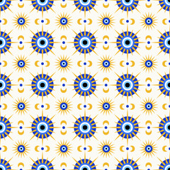 Evil eye seamless pattern. Turkish blue amulet background. Vector Greek bead symbol print. Magic nazar wallpaper with symbol of protection and luck. Mystic ornament with energy talismans