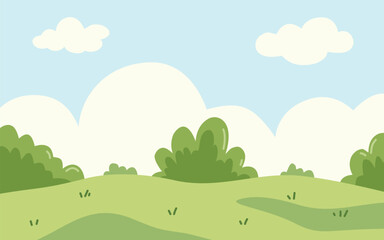 Obraz premium Serene landscape illustration featuring rolling green hills, lush bushes, and a bright blue sky dotted with fluffy white clouds.