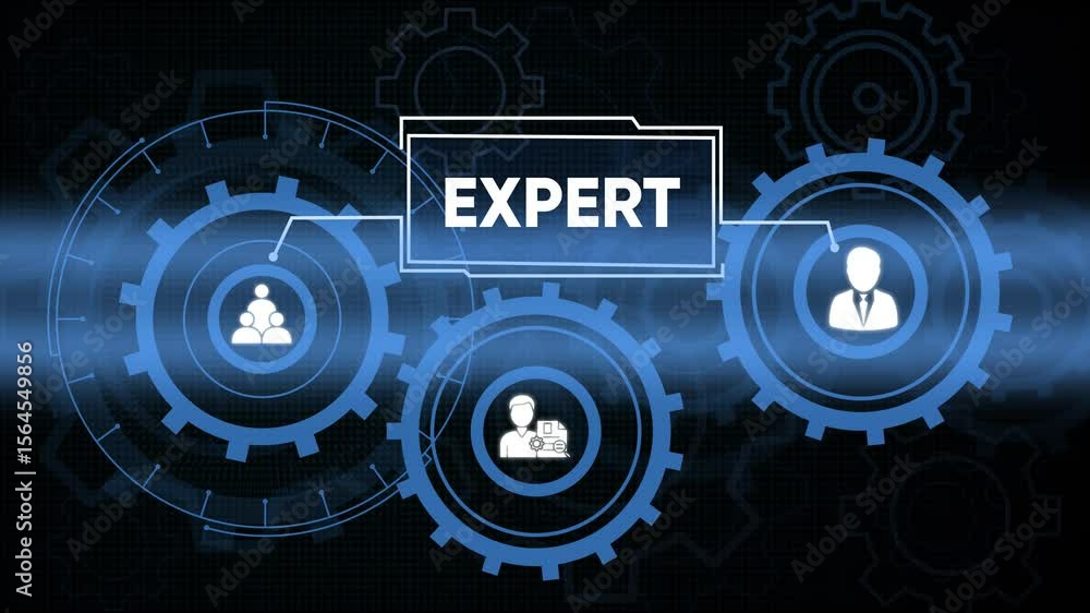 Poster Expert and team concept represented by gears and circular data visuals