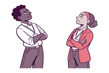 Two diverse professionals with crossed arms and stern expressions facing each other in disagreement or competition