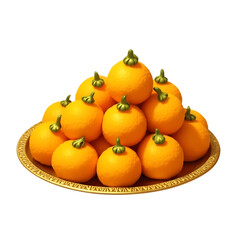 Pile of bright orange round fruits with green stems on a golden decorative plate isolated on transparent background
