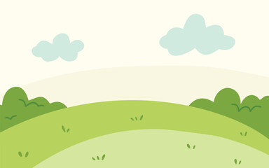 Gentle rolling green hills under a pale sky with fluffy clouds. A simple, idyllic landscape illustration.