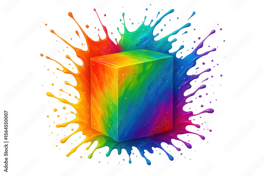 Poster rainbow colors splashing around geometric cube, creating vibrant visual energy against transparent b