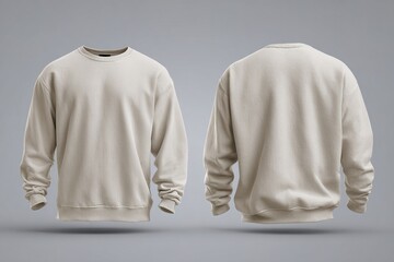 Front and back view of a plain off-white crew neck sweatshirt. High quality