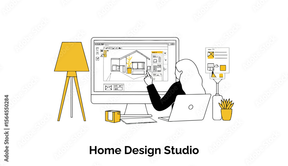 Poster female home designer interacting with home design software on a computer in a home office setting. w