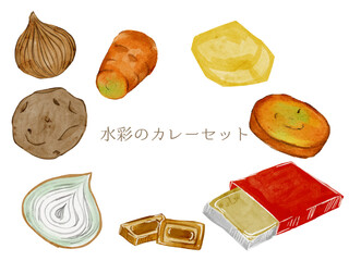水彩で描いたカレーセット固形の料理食材の水彩ベクターイラスト素材	一式