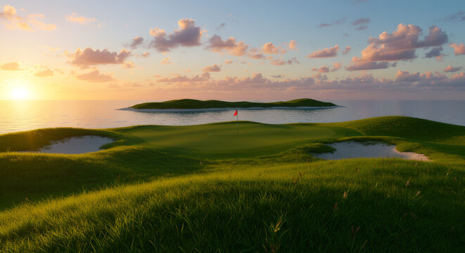 Serene golf course at sunset over tranquil ocean