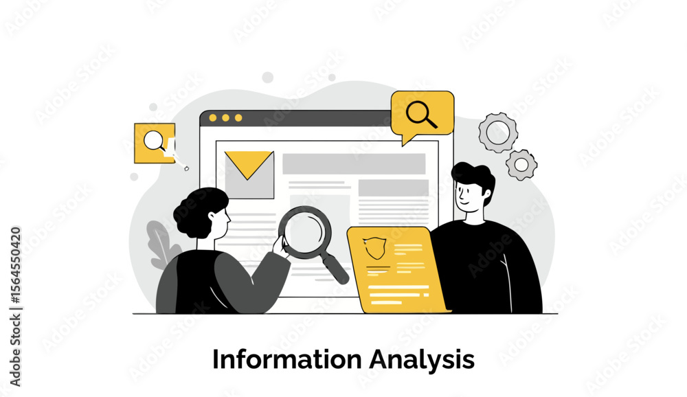 Poster young adults examining information on a computer screen for analysis in a modern office setting. two