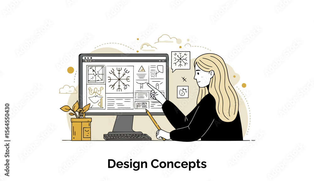 Poster female graphic designer reviewing design concepts on computer screen in office setting. a young woma