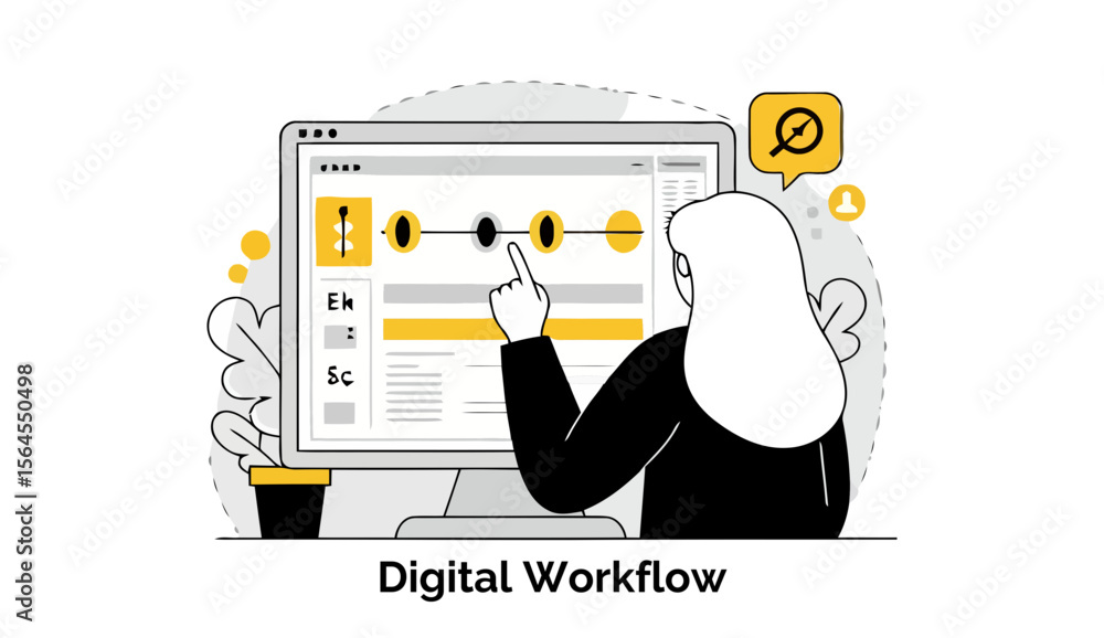 Poster female professional in business attire interacting with a digital workflow interface on a computer s