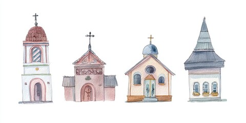 Fototapeta premium Watercolor illustration of various church building icons. Religion and spirituality concept for Christian faith and holy worship.