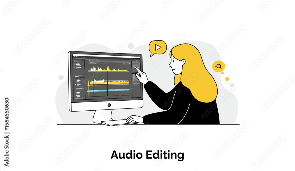 Aufkleber female audio editor working at a computer, pointing to audio editing software on a monitor. young wo