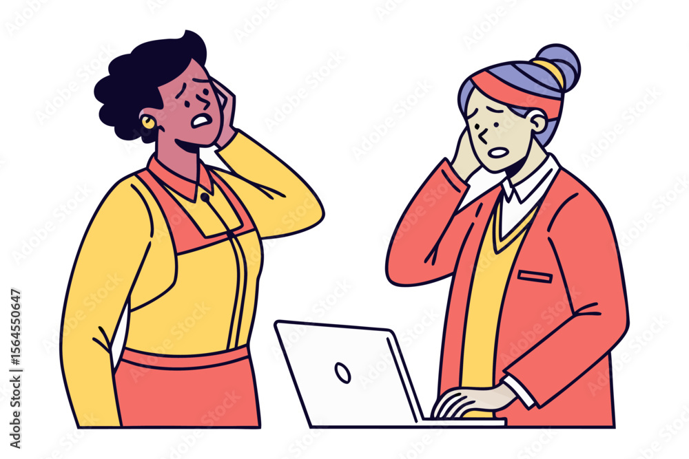 Poster two diverse colleagues express distress and confusion while working together on a laptop computer in