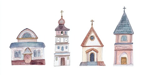 Obraz premium Watercolor illustrations of various church buildings with crosses. Religious architecture artwork for spiritual and historical themes.