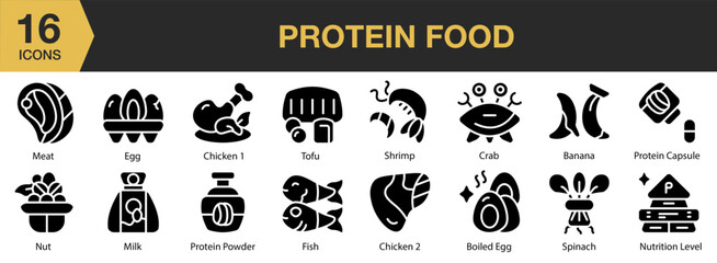 Protein Food solid icon set. Includes egg, beans, tofu, chicken, fitness, and More. Solid icons vector collection.