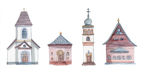 Fototapeta premium Watercolor hand drawn collection of various historical religious buildings. Traditional architectural art for design element or greeting card.