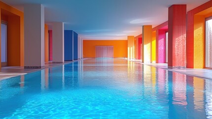 Indoor Swimming Pool with Turquoise Water and Colorful Orange and Pink Pillars in a Modern Architectural Design