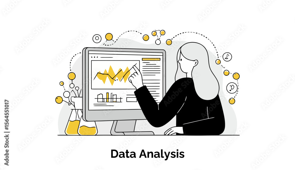 Poster a female data analyst in a black blazer points to a graph on a computer screen in a modern office se