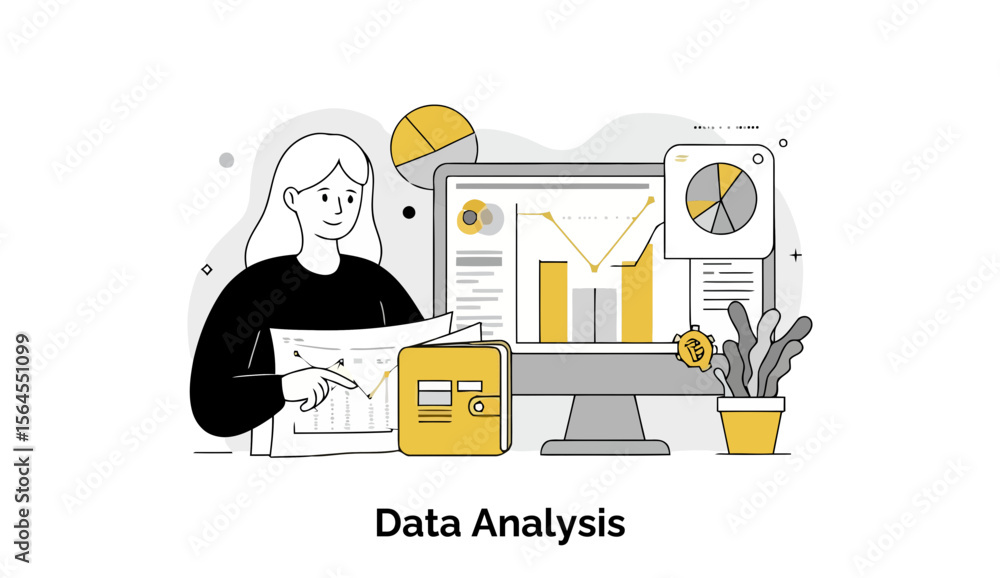 Poster young woman in black clothing analyzing data at a computer in an office setting. focused on charts a