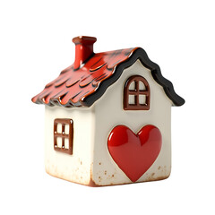 Charming ceramic house with a red heart and red tiled roof isolated on transparent background