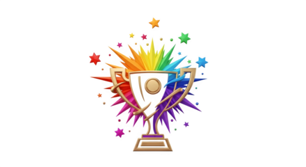 Colorful trophy with celebratory stars, isolated on transparent background