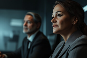 AI-generated illustration shows two business professionals discussing a proposal in an office.