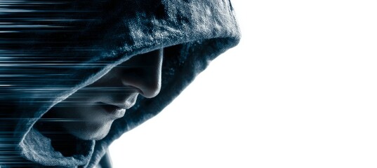 Closeup hooded hacker criminal on white background. Cyberspace internet security protection. Digital password safety. Generative AI technology. 