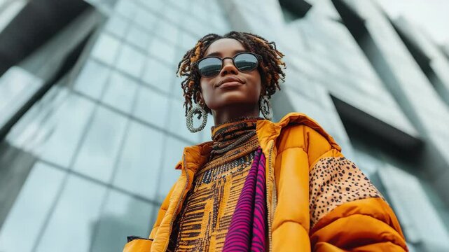 A woman with dreadlocks in sunglasses and yellow jacket in front of glass building low angle shot a