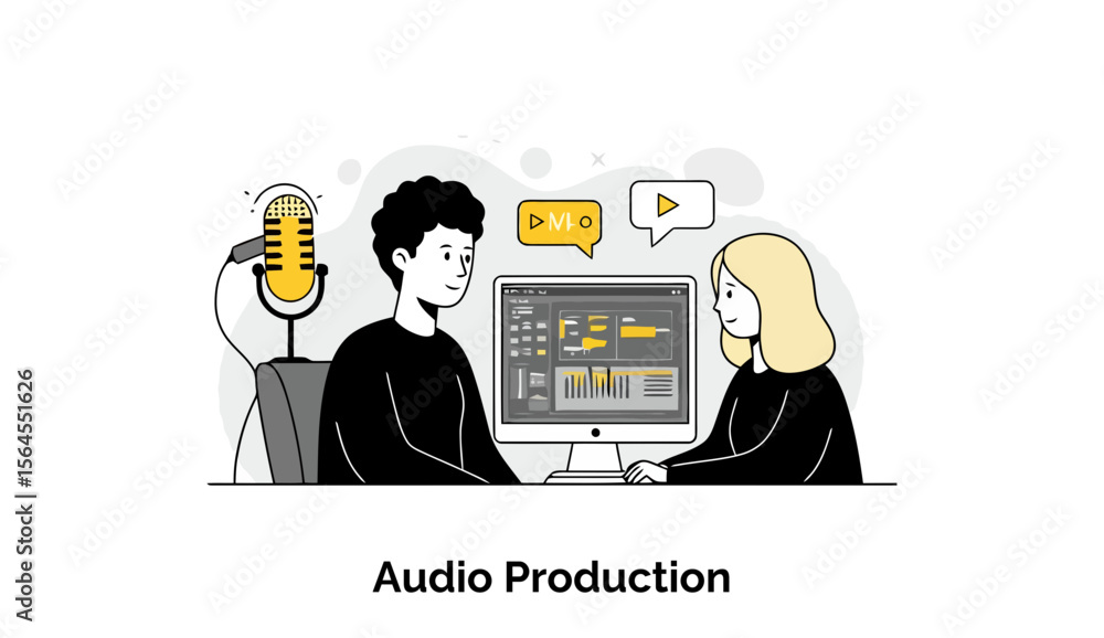 Poster an audio production team of focused sound engineers collaborates intently over a large mixing consol