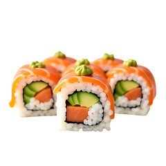 Fresh salmon avocado sushi rolls with wasabi and sauce isolated on transparent background