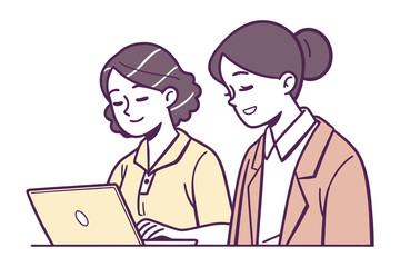 Two smiling women collaborating on a laptop one with curly hair and a yellow shirt the other with a bun and a peach blazer