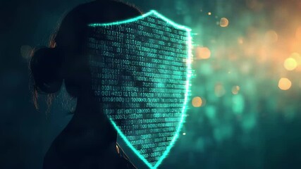 A silhouette of woman with digital shield overlay and bokeh lights in the background image view a - Powered by Adobe