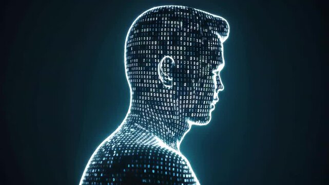 A digital human head profile silhouette with binary code pattern against a dark blue background a
