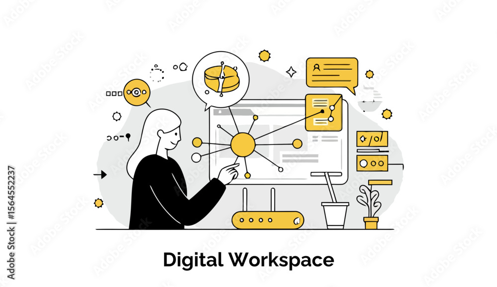 Poster a female tech professional is interacting with a large digital whiteboard, manipulating graphs and a