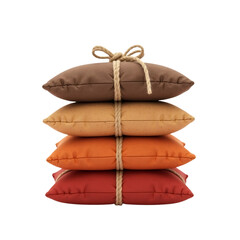 Stack of four colorful pillows tied together with rope isolated on transparent background