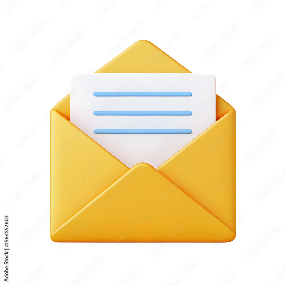 Poster 3d rendered yellow open envelope with white paper and blue lines isolated on transparent background