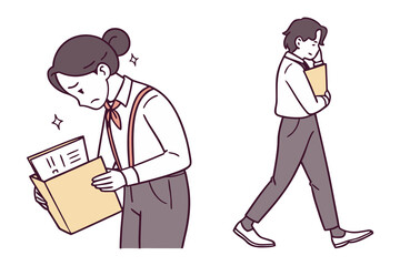 Two office workers one looking dejected at documents the other walking thoughtfully representing workplace challenges and contemplation