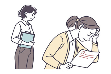 A worried woman looks at a document while another woman stands nearby holding a folder and looking concerned