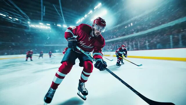 A hockey player with puck skating on ice rink in red uniform during game with crowd in background a