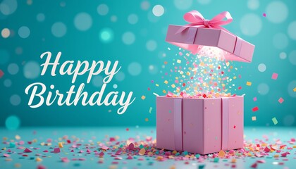Bright cheerful birthday celebration with colorful confetti and glowing gift box opening surprise