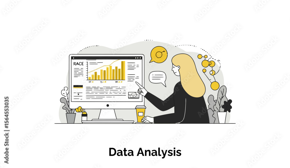 Poster female professional analyzing data on computer at office workspace. woman points at computer screen 