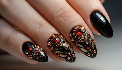 nail art paintings on women's nails, beautiful nail decorations, nail painting works, nail art with false nails, black nail art
