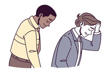 Two men in business attire express distress and disappointment with bowed heads and one holding his head in his hands