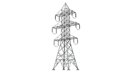 High-voltage electricity pylon, isolated on transparent background