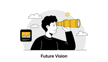 Young adult male in casual attire looking through a telescope in a conceptual, flat design setting. Forward-thinking male professional contemplating future visions with a data image visible.