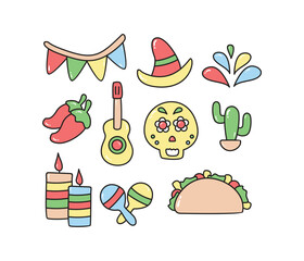 Cute Hand Drawn Festive Mexican Fiesta Elements Collection